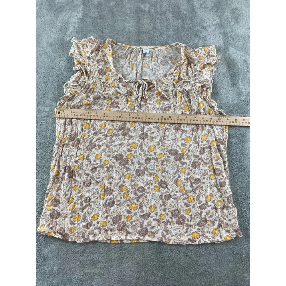 Old Navy Girls Large Floral Gauze Flutter Sleeve Tie Neck Boho Top‎ Cream Brown